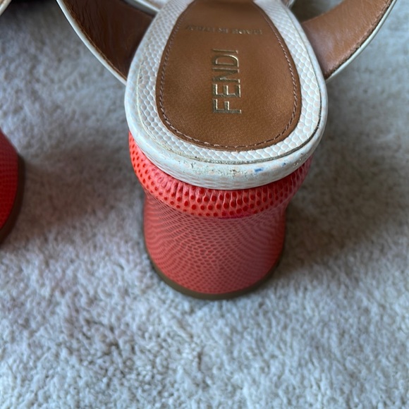 Fendi White Cut-Out Patent Leather And Orange Lizard Block Heel Peep Toe - Picture 7 of 8